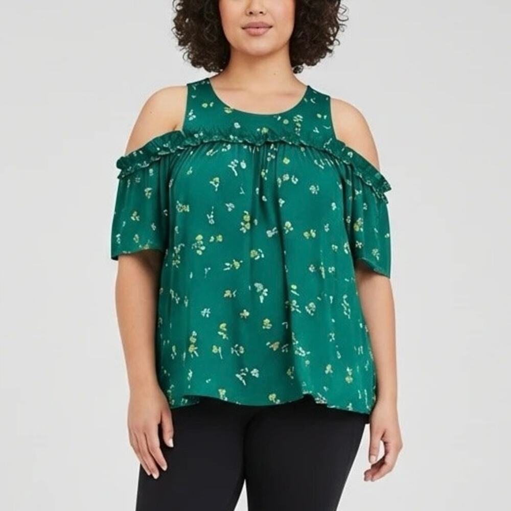 Lauren Conrad Plus Size XXL Green Cold-Shoulder Floral Blouse
